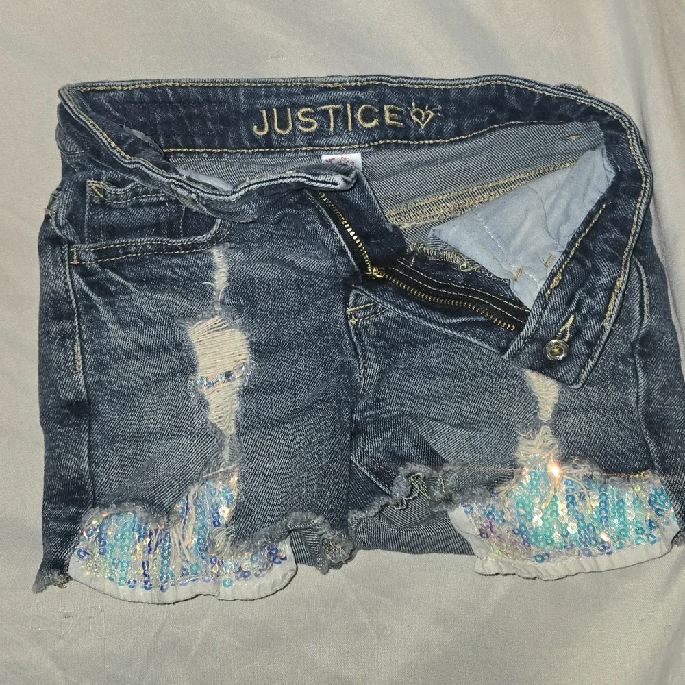 Justice Girl's Blue Distressed Denim Sequin Shorts Size 7